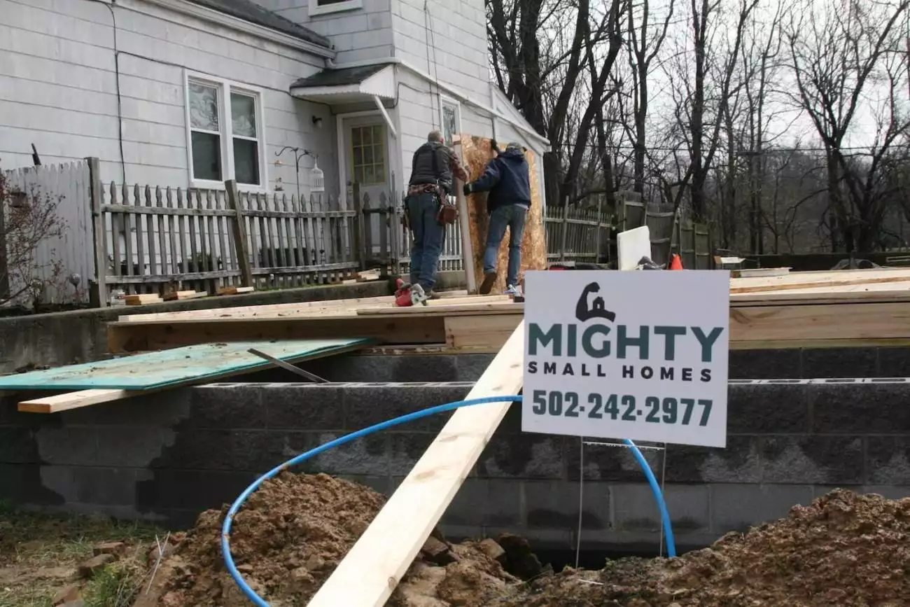 MSH 20180925 louisville kentucky ky payne cottage urban outdoors construction foundation workers sign close up view PX