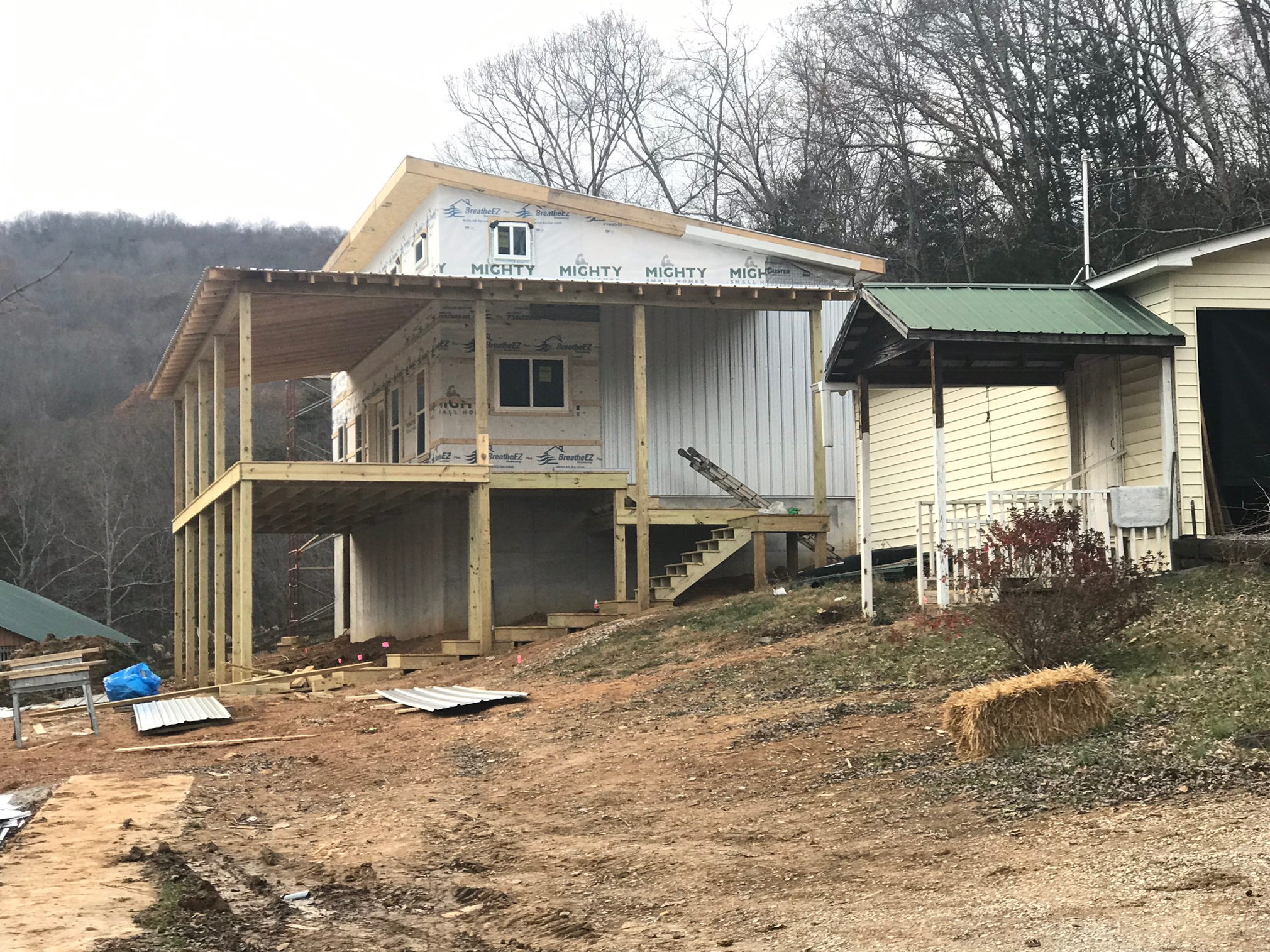 MSH 20220609 customer build modern outdoors finished Grey Paneling porch Back Right Side View Wide Shot PX