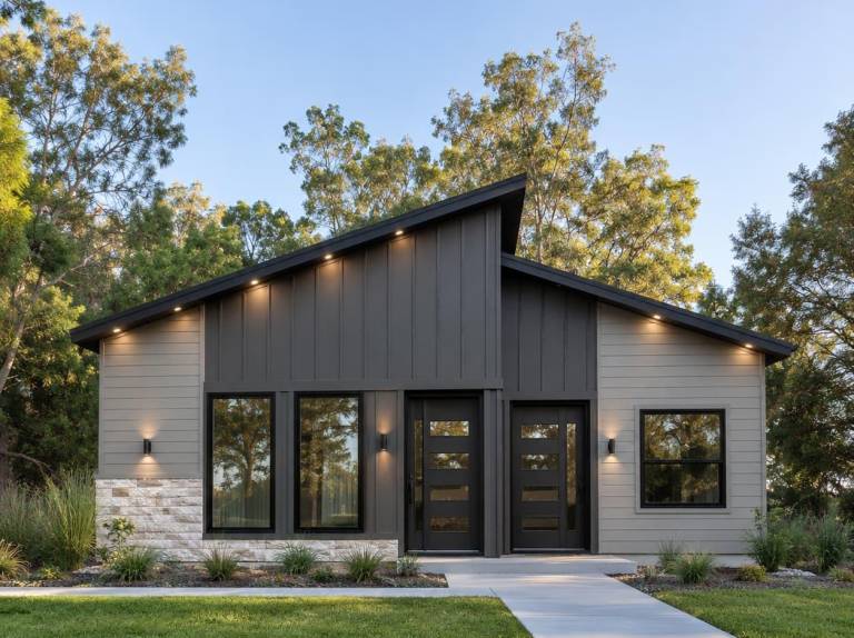 exterior of a 1,292-square-foot duplex kit home with two separate entrances, contemporary gray siding, large windows, and landscaped front yard