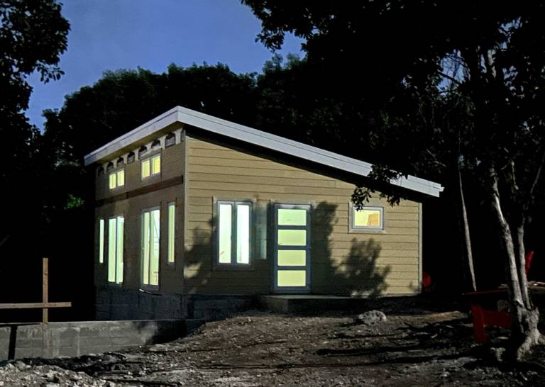 modern small home on a permanent foundation in a wooded setting, featuring a single-slope roof, large windows, and a compact footprint designed for efficient everyday living