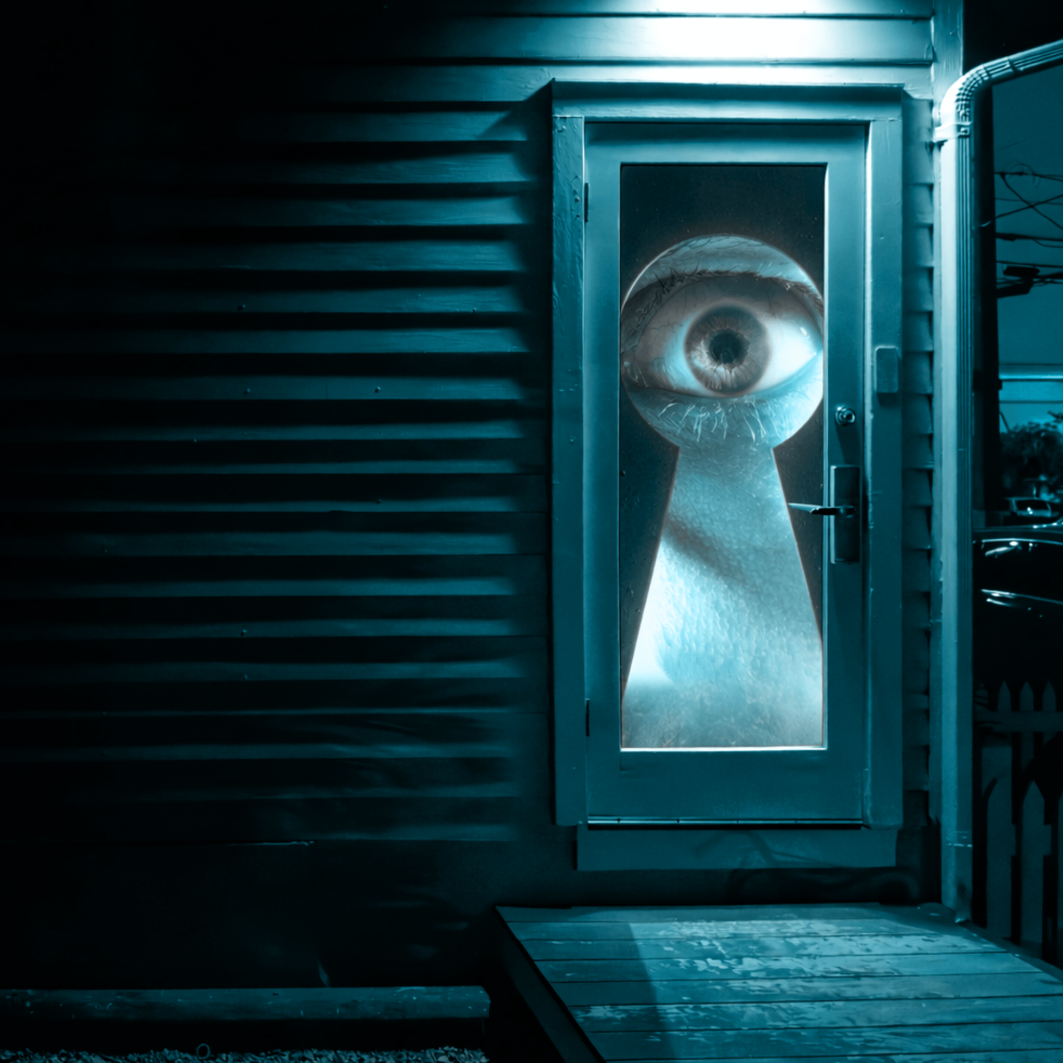 exterior door with a keyhole‑eye overlay symbolizing privacy concerns and the importance of secure ADU guest and owner space