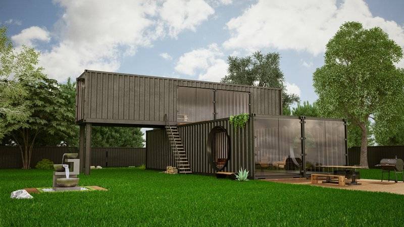 rendering of stacked container modular home with yard and garden