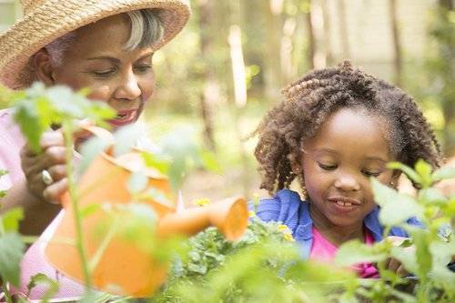 grandmother and grand daughter gardening