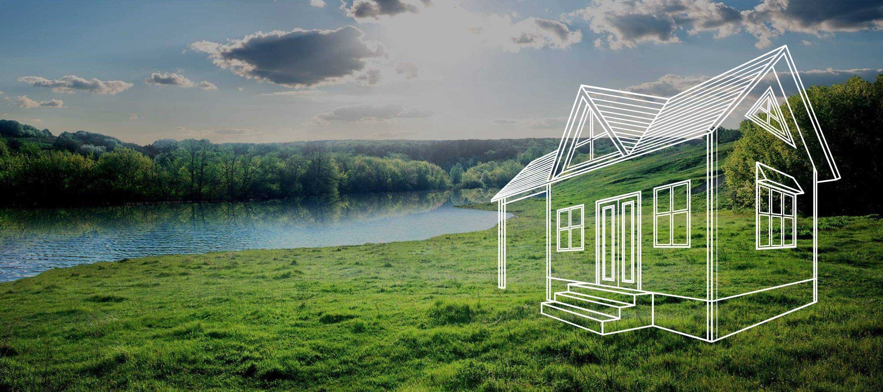 Illustration of home outline sketch on property near lake