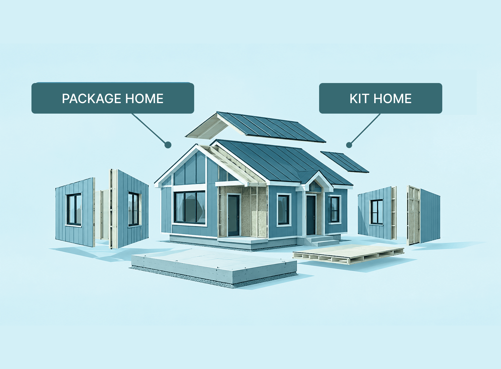 Stylized illustration of a partially assembled prefab home with separate wall and roof components, labeled Package Home and Kit Home to show the terms can describe the same type of home