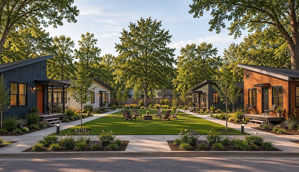 modern pocket neighborhood with clustered small house kits arranged around shared green space, walkable paths, and community courtyard seating