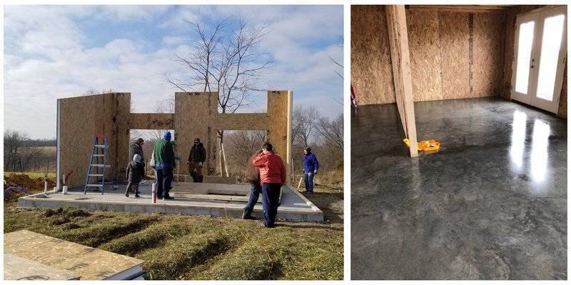 two photos of a kit home built on polished concrete slab foundation
