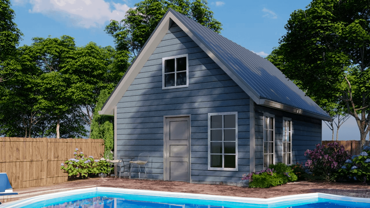 Image of small cottage pool house next to a swimming pool