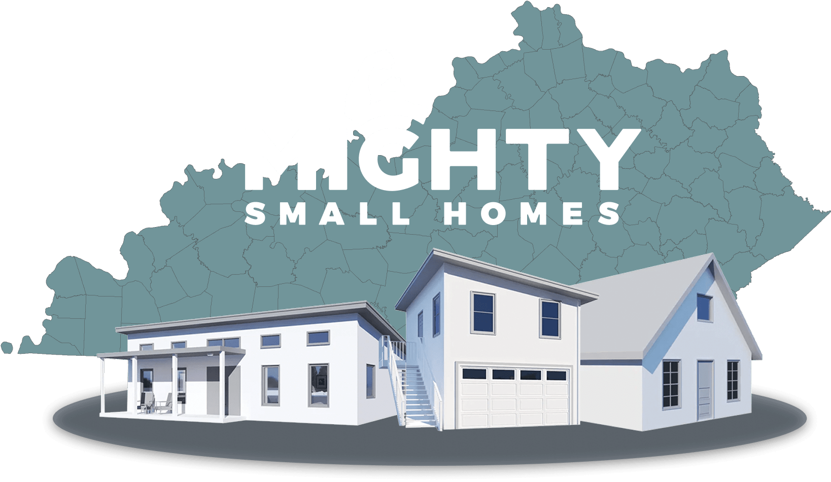 Map of kentucky with mighty small homes renderings and logo