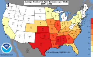 National tornado map for the month of April from 1998 to 2022