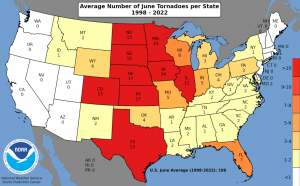 National tornado map for the month of June from 1998 to 2022