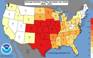 National tornado map for the month of May from 1998 to 2022