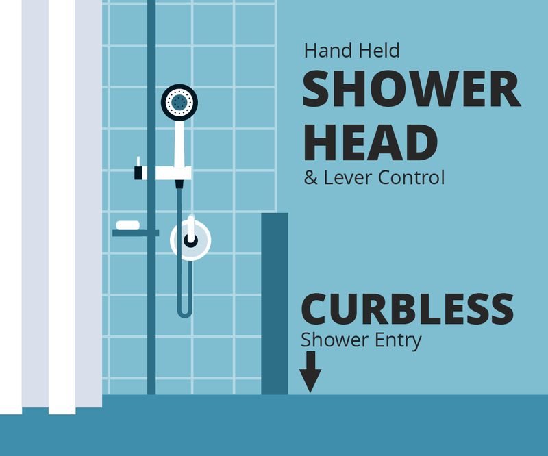 Accessibility - Curbless shower and hand held shower head.