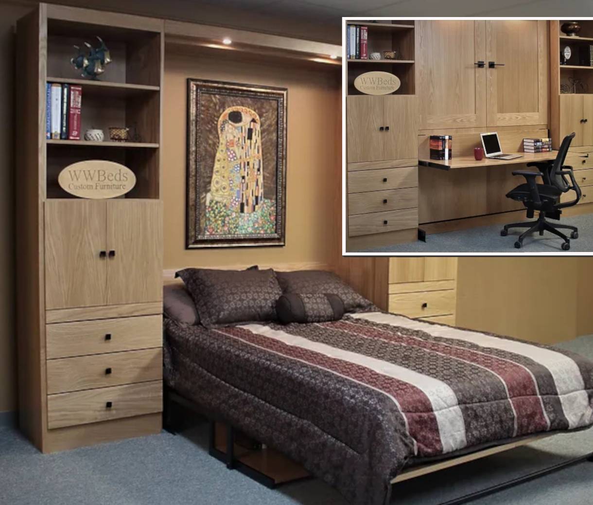 Photo of an Murphy bed with an inset photo of the bed in closed position