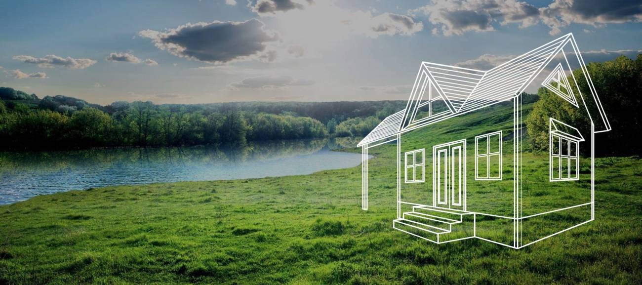 Outline of a Cottage superimposed over a scenic background