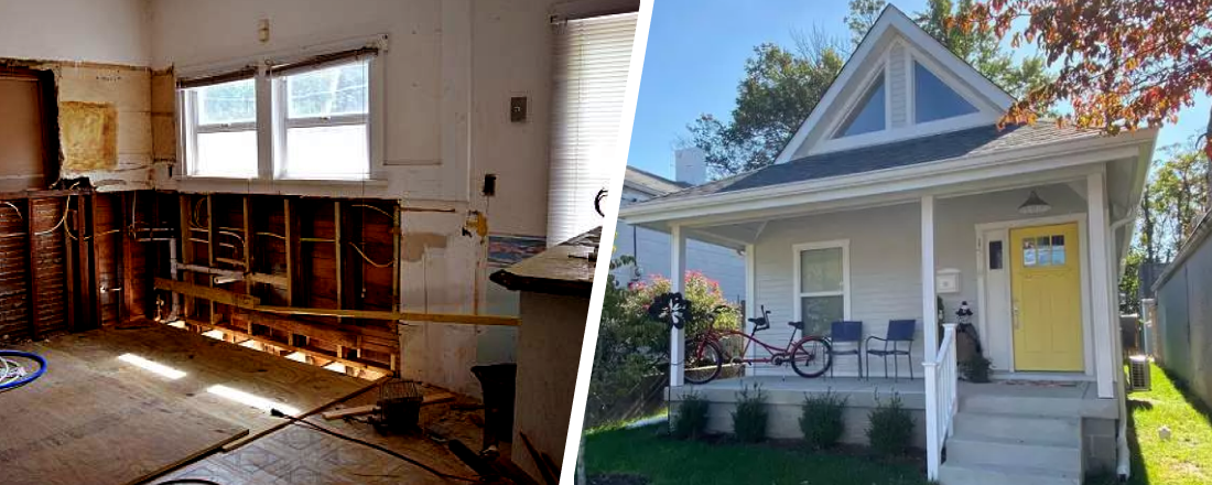 composite image comparing rehabbing home vs building new